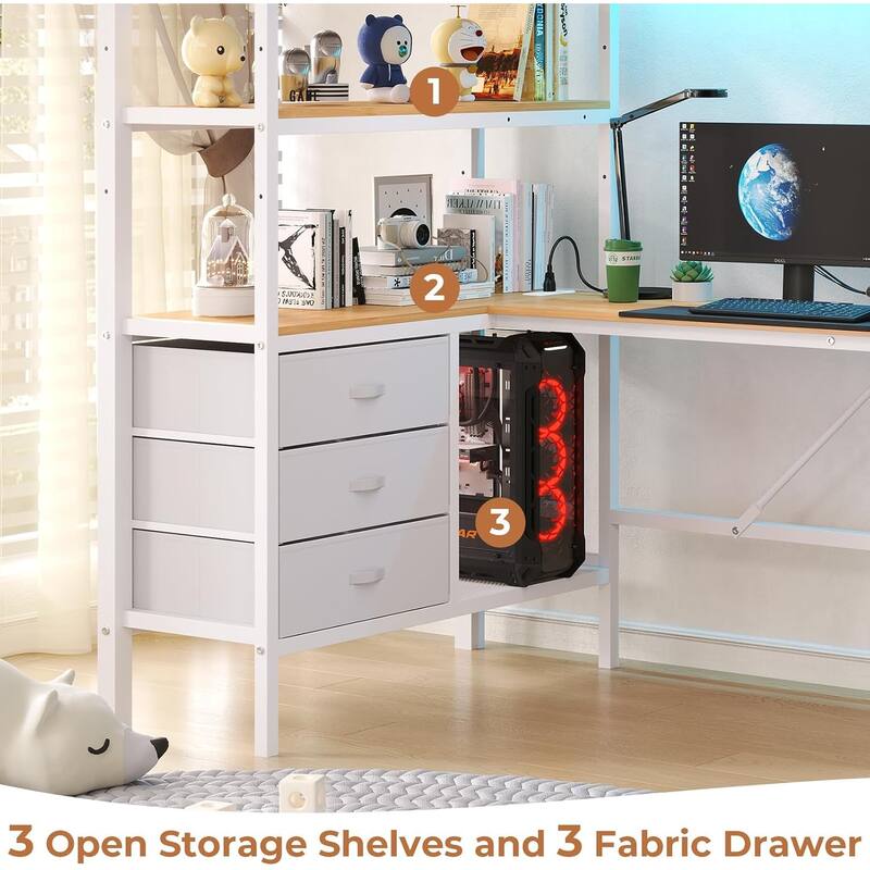 Loft Bed with L-Shaped Desk Charging Station Metal LED Lights 3 Fabric Drawers