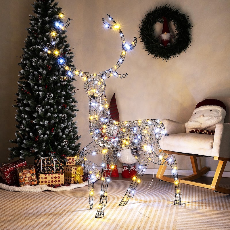 Gymax Christmas 3D Lighted Reindeer Pre-Lit Rattan Buck w/ Large