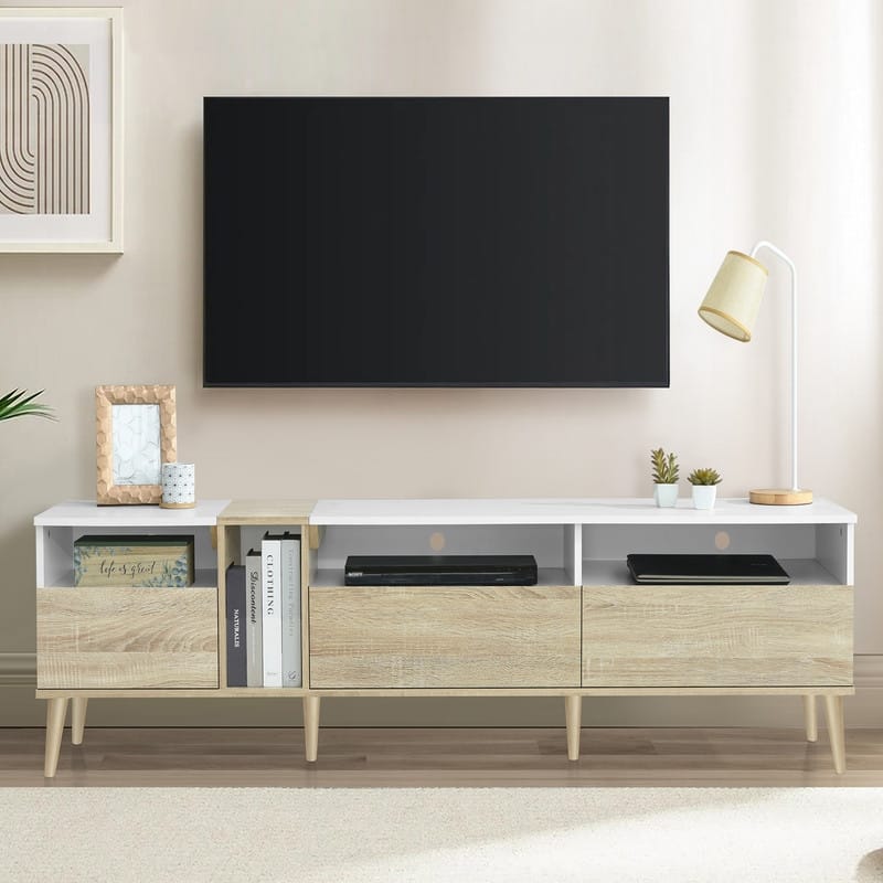 Modern TV with 3 Drawers and Open Shelves, Media Console Table for TVs up to 80'', Entertainment Center for Living Room, White
