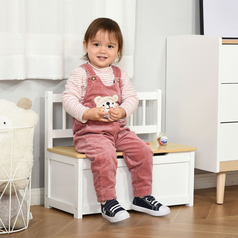 Qaba 2-IN-1 Wooden Toy Box Kids Seat Bench Storage Chest Cabinet Chunk Cube with Safety Pneumatic Rod