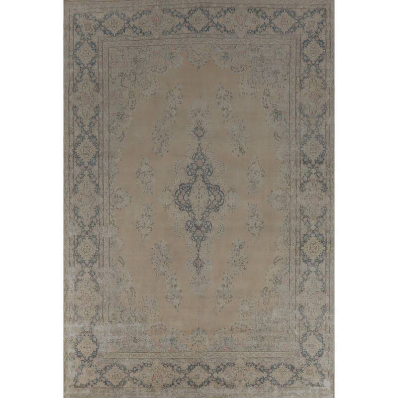 Hand Knotted Oriental 100% Wool Carpet Traditional Floral Beige & Ivories Kerman Area Rug - 14' 1'' X 10' 1''