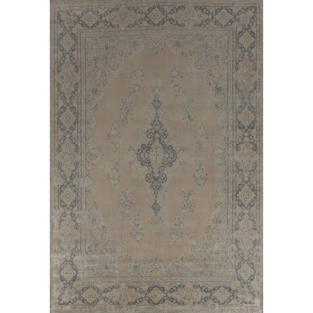Hand Knotted Oriental 100% Wool Carpet Traditional Floral Beige & Ivories Kerman Area Rug - 14' 1'' X 10' 1''