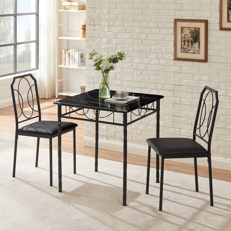 VECELO Industrial 3-Piece Space-Saving Square Dining Set MDF Table with Black PU Leather Dining Chairs Small Spaces