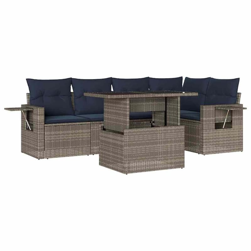 vidaXL 6 Piece Patio Sofa Set with Cushions Black/Brown/Gray Poly Rattan