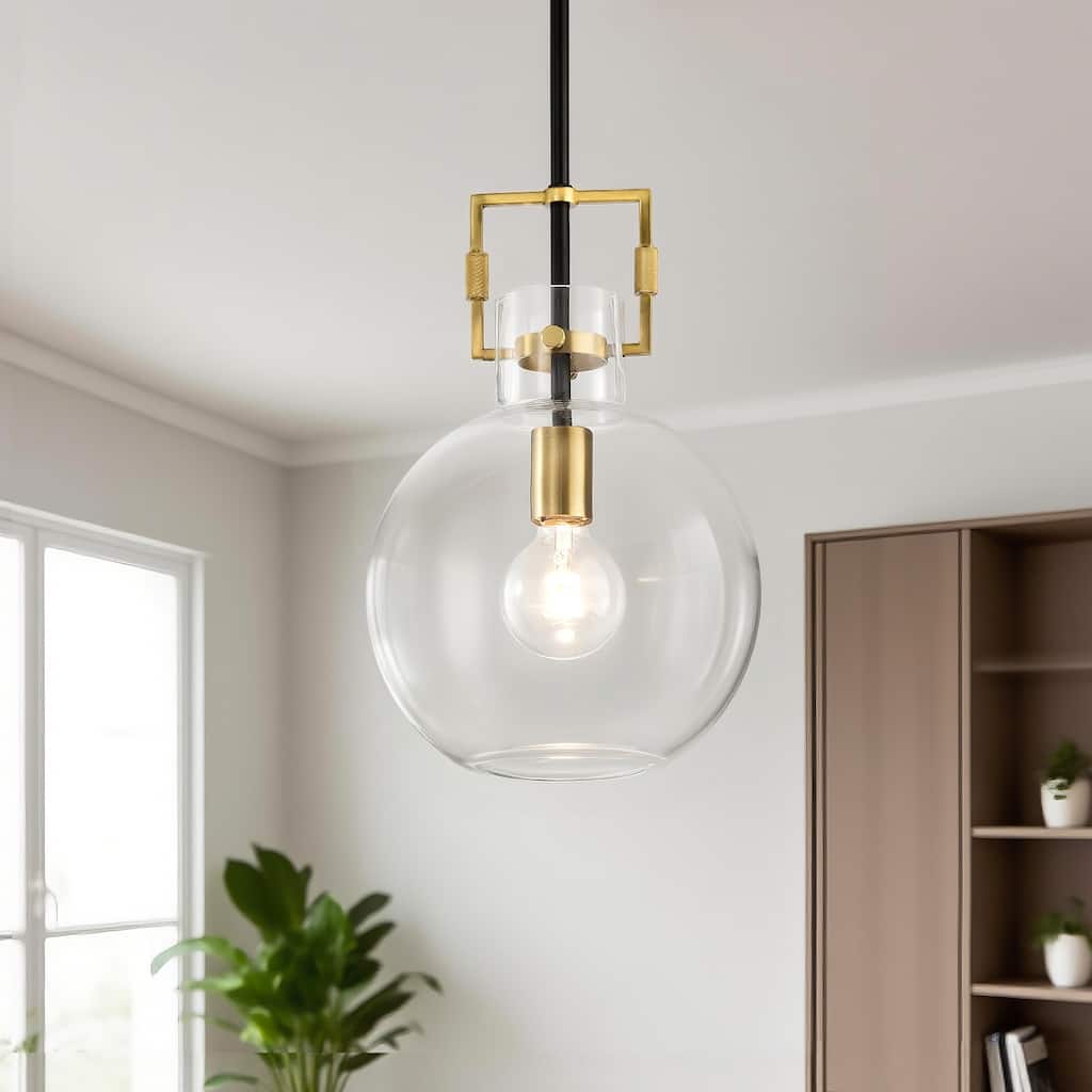 Black and Antique Gold 1-Light 10 Inch Globe Shaped Clear Glass Pendant