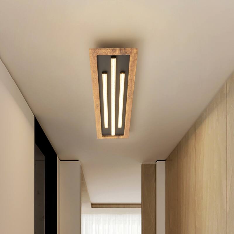 31.5 in. 30-Watt Modern Black Rectangular Wood Flush Mount Ceiling Light with Finish Panel and LED Strip Accents