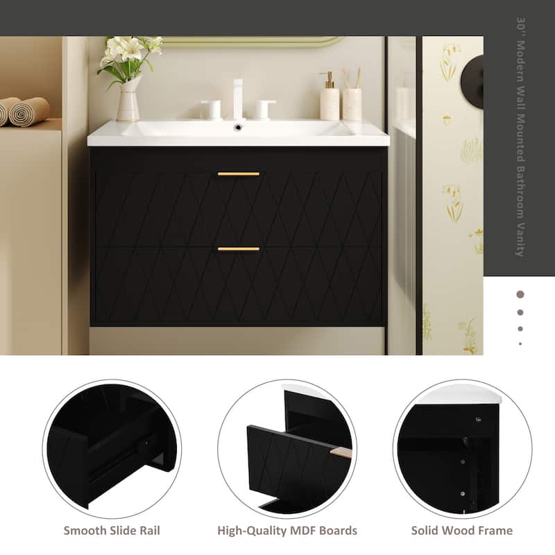 30-Inch Wall-Mounted Bathroom Vanity with Resin Sink & Storage Drawers - Modern Floating Design