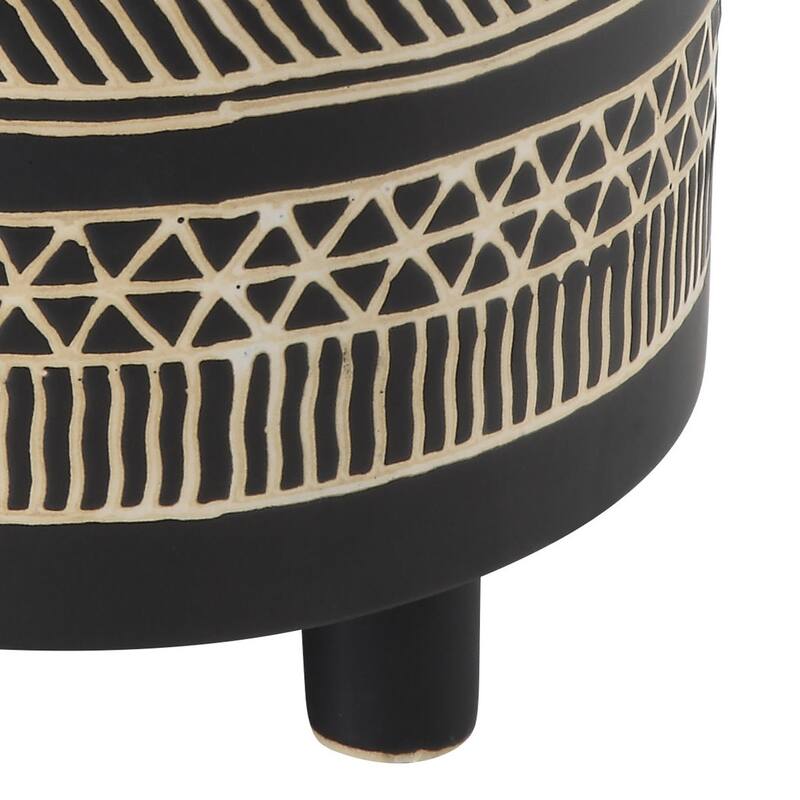 Black Cylindrical Stoneware Flower Pot w/ Geometric Goldtone Overlay