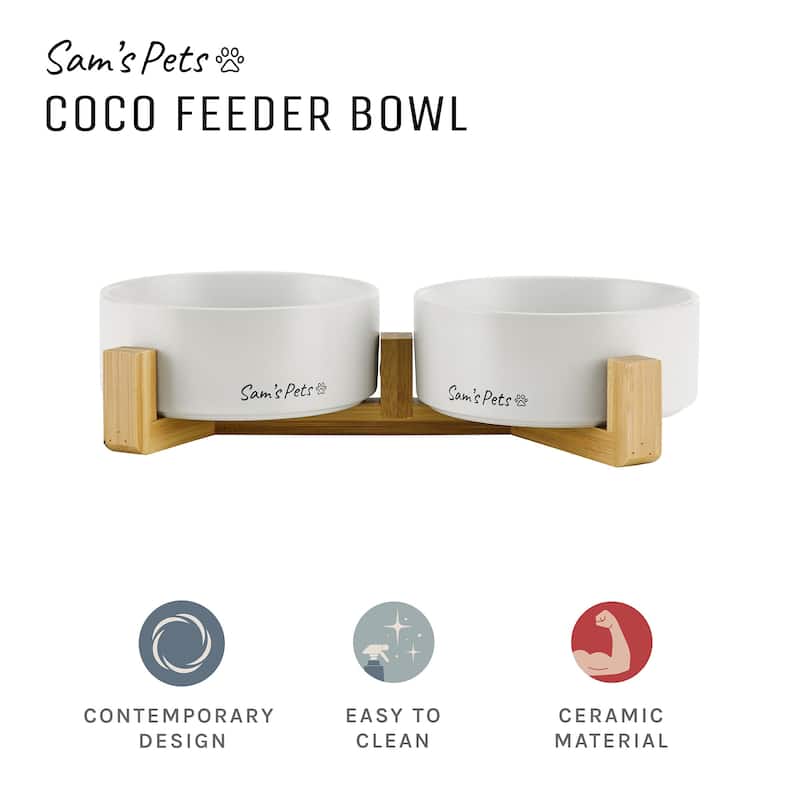 Coco Dual Pet Bowl with Wood Stand 5.11'' in White - 10.8