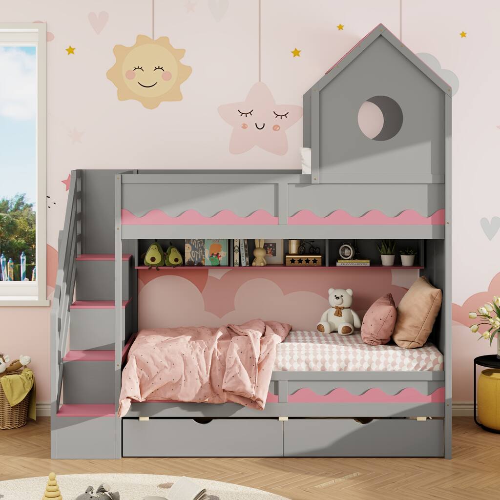 Twin Over Twin Bunk Bed with Stairs, LED Lights, Storage Drawers, House Shaped Wood Loft Bed with Guardrail