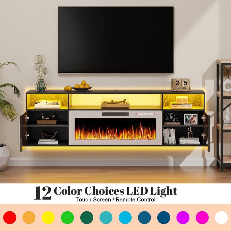 BOSSIN 70" Floating TV Stand with 36" Electric Fireplace, High Gloss Finish Wall Mounted Fireplace TV Stand with Storage