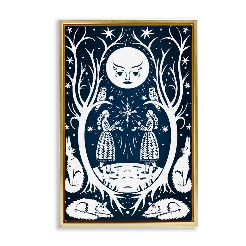Stupell Woodland Folk Girls with Moon Framed Floater Canvas Wall Art Design By Hannah Moren - 17 x 25 - Gold