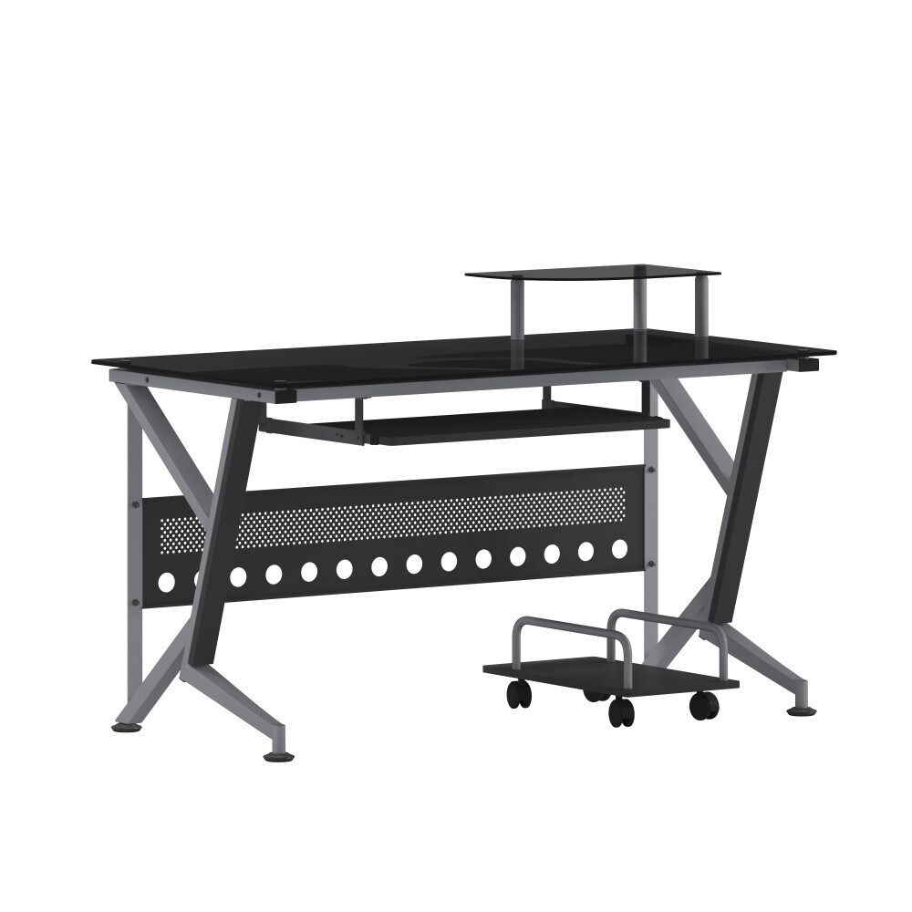 Glass Computer Desk with Pull-Out Keyboard Tray and CPU Cart