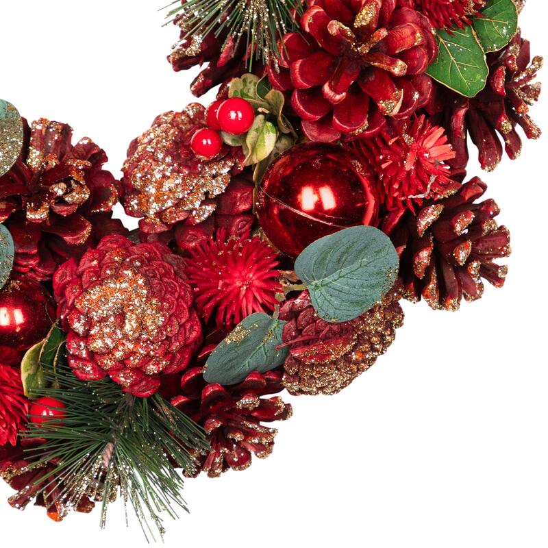 Pinecone, Berry and Ball Ornament Glittered Artificial Christmas Wreath - 13" - Unlit