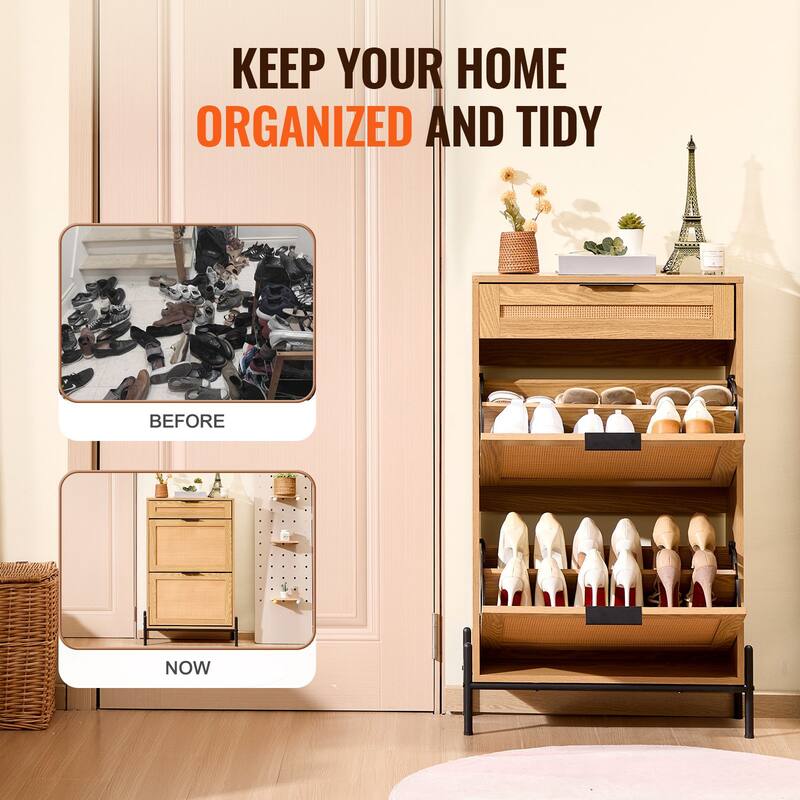 Modern Rattan Shoe Cabinet Narrow Wood Entryway Storage with Flip Drawers and Metal Legs - 25.47 x 10.35 x 40.47 inches