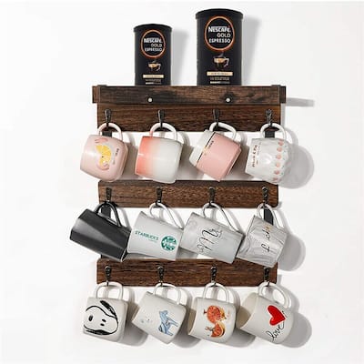 Vintage Wall-Mounted Cup Rack Rustic Mug Shelf with 12 Hooks