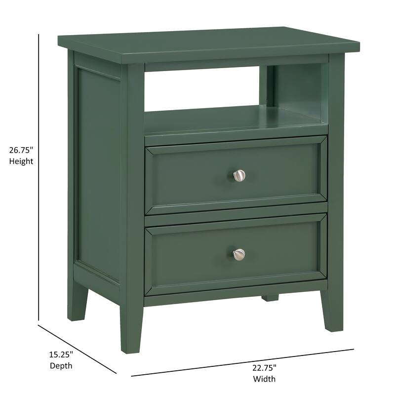 2- Drawer Nightstand with Nickel Knobs and Open Shelf Solid Wood Construction