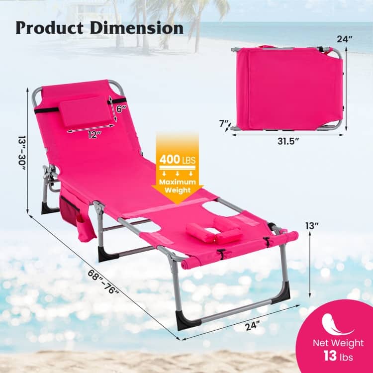 5-Position Folding Chaise Lounge Chair with Adjustable Footrest - 60" x 24" x 33"