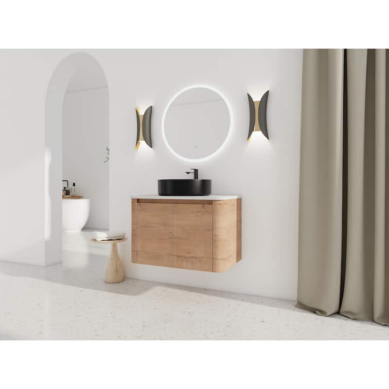 30'' Wall-Mounted Bathroom Vanity With Ceramic Art Sink & 2-Soft-Close Door, KD-Packing, Plywood