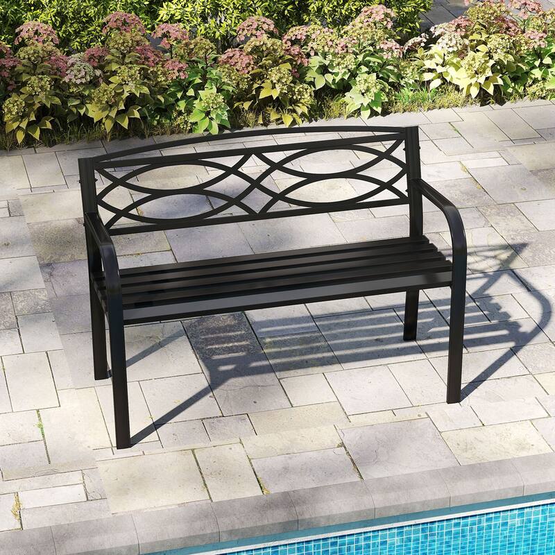 2-Person Outdoor Black Metal Bench with Ventilated Seat and Curved Armrest for Patio or Yard - 19.5" x 45.5" x 32.5"