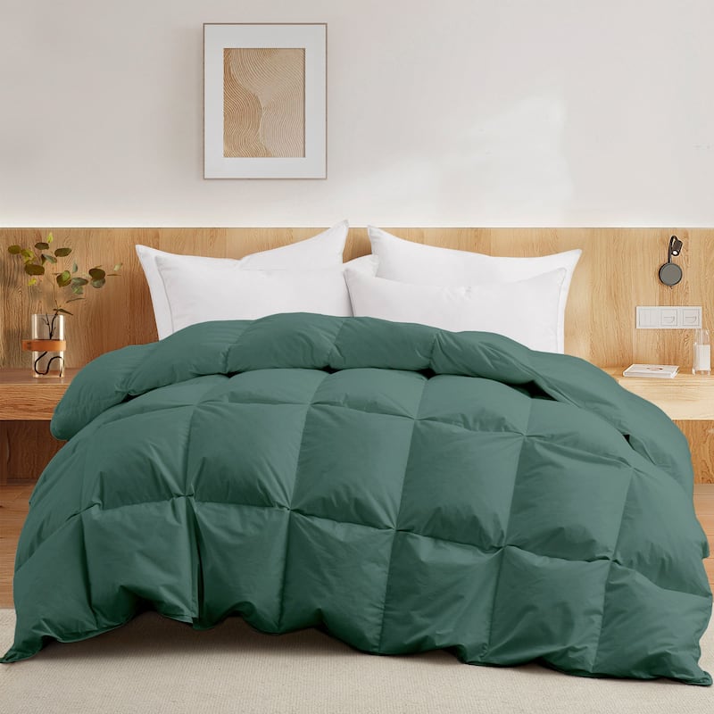 All Season 100% Cotton White Goose Feather Down Comforter with Pinch Pleat Design - King - Green
