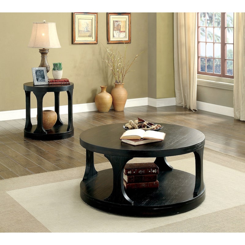 Wooden Round End Table with Open Shelf in Antique Black
