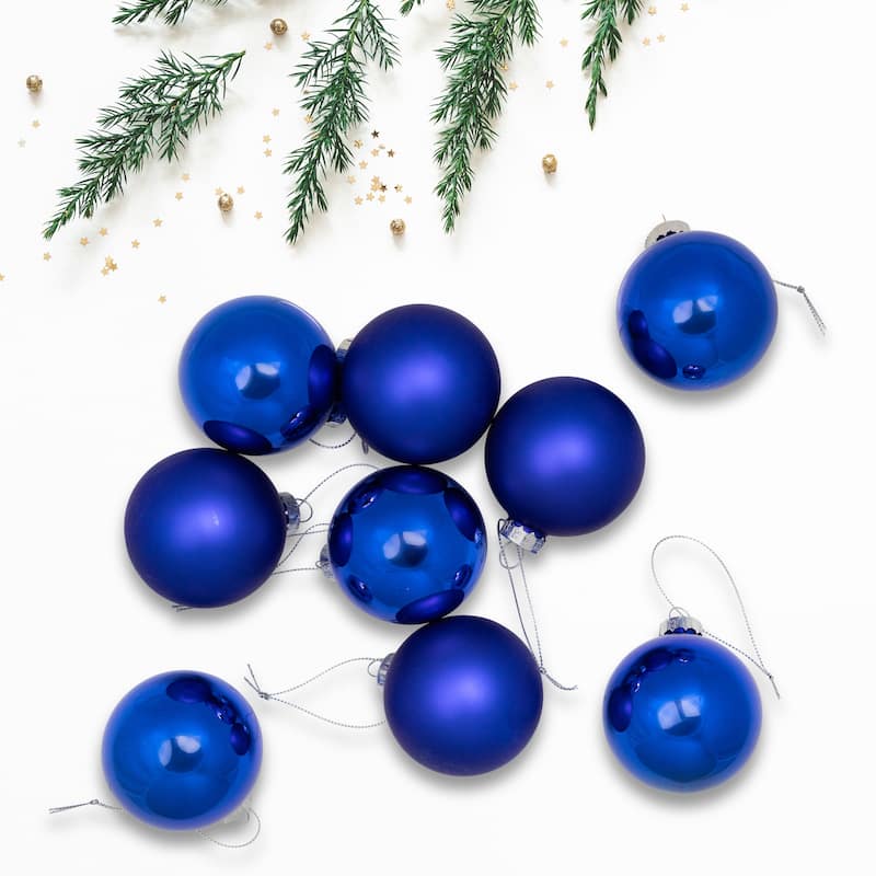 9ct Shiny Matte Blue and Silver Glass Ball Christmas Ornaments 2.5"