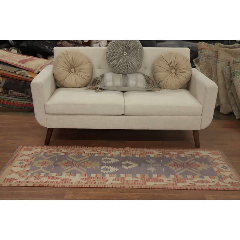 Hand Woven Oriental 100% Wool Carpet Southwestern Tribal Purples Kilim Runner Rug - 6' 1'' X 2' 2''