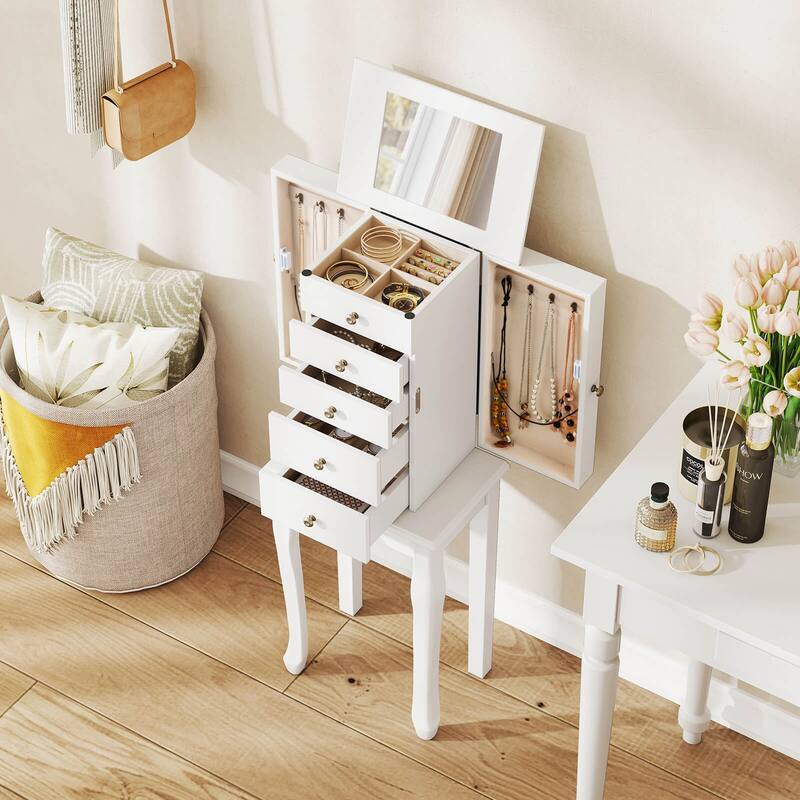 Costway Jewelry Cabinet Storage Chest Standing Organizer Mirror White - See Details