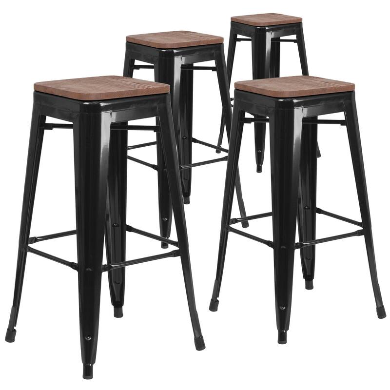 4 Pack 30" High Backless Metal Barstool with Square Wood Seat