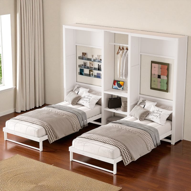Twin and Twin Foldable Murphy Bed with Wardrobe, Shelves & Power Outlets, 2-in-1 Metal Space-Saving Wall Bed Design