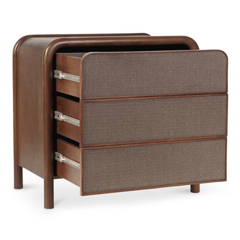 Warm Brown 3-Drawer Nightstand with Tonal Woven Soft Rush Front, Solid Mango Wood and Textured Detailing