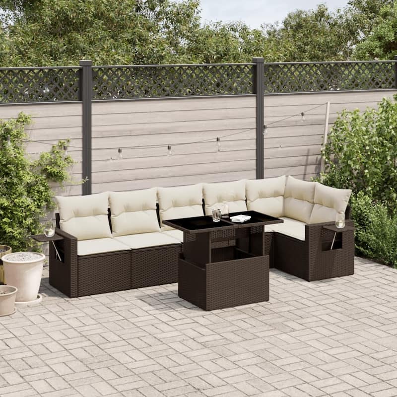 vidaXL Patio Sofa Set with Cushions Outdoor Furniture 7 Piece Poly Rattan - 21.7 x 39.4 x 28.7 - Brown and Cream