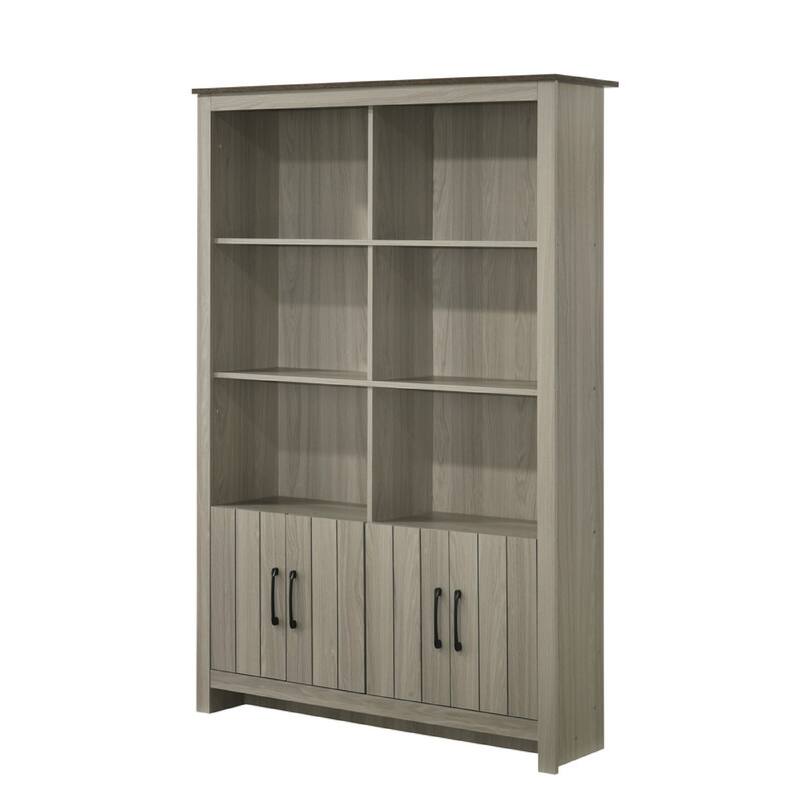 Nena Bookcase with 6 Shelves and 4 Cabinet Doors, Gray Wood 71 Inch