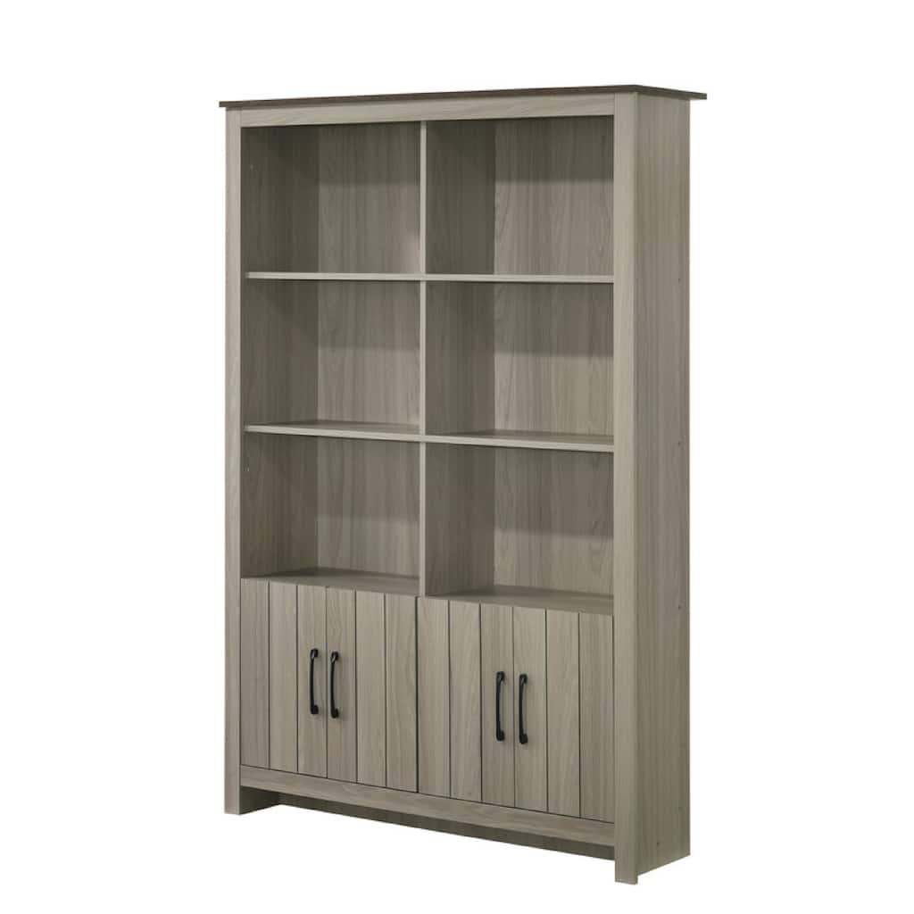 Nena Bookcase with 6 Shelves and 4 Cabinet Doors, Gray Wood 71 Inch