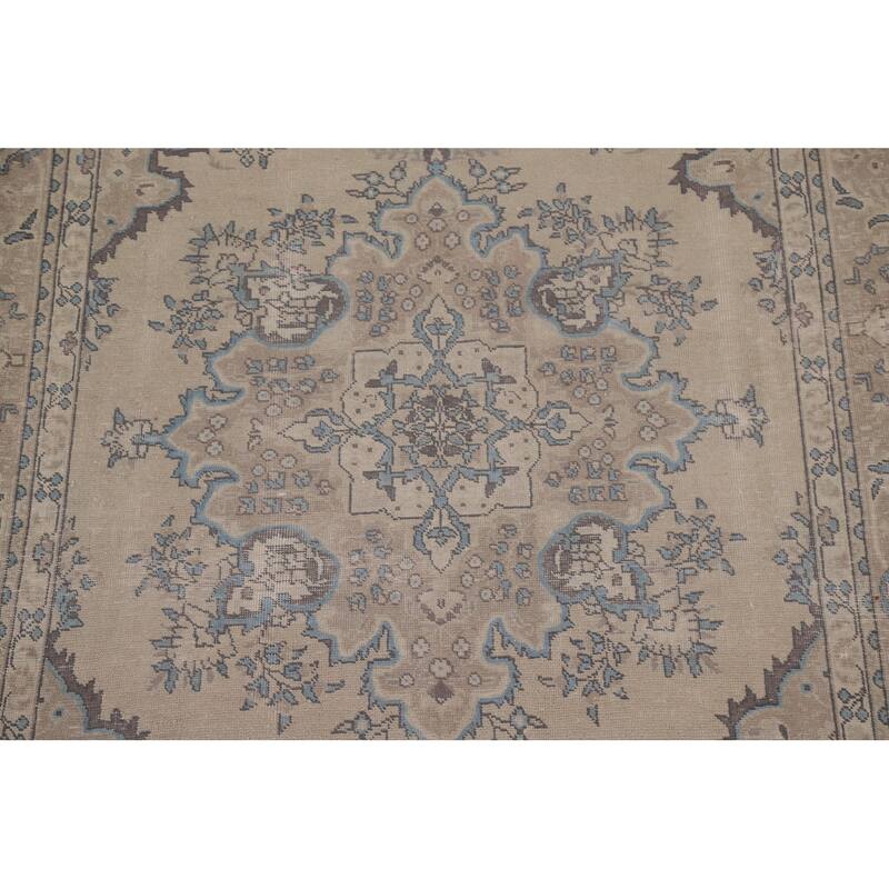 Vintage Distressed Tabriz Persian Rug Beige Handmade Wool Carpet - 6'11" x 10'4"