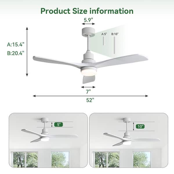 dimension image slide 20 of 29, Sofucor 42"/48"/ 52"/60"Noiseless Walnut Wood Ceiling Fan with Remote Control, Integrated Light Optional