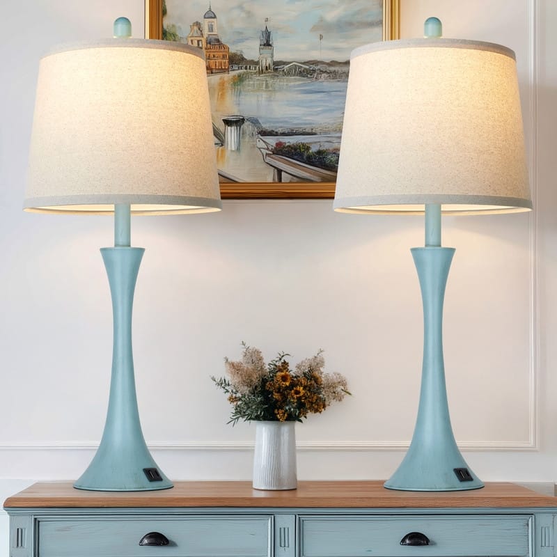 Set of 2 Modern 26-Inch Table Lamps with Dual USB Charging Ports and Oatmeal Fabric Shades - 12'' x 12'' x 27.5''