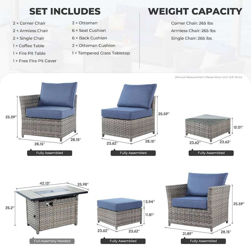 HOOOWOOO 10-piece Outdoor Furniture Rattan Sectional Set with Fire Pit Table.