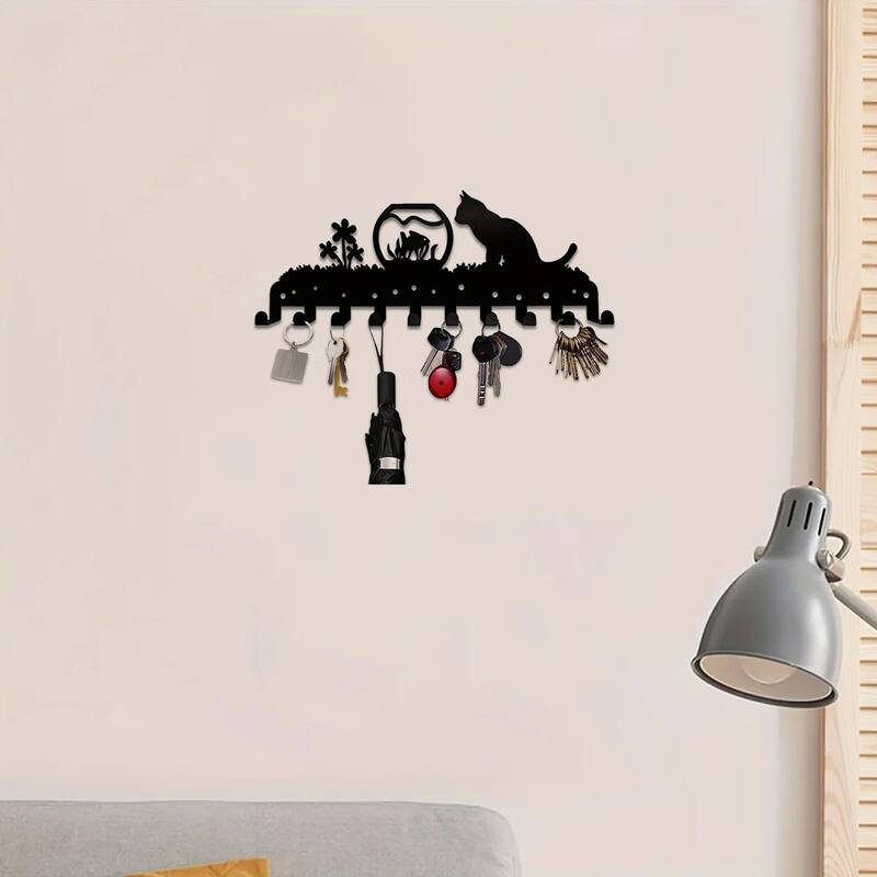 Adorable Kitty Black Iron Wall Mounted Rack with 10 Hooks for Entryway or Bedroom - 13.78”L x 5.51”H