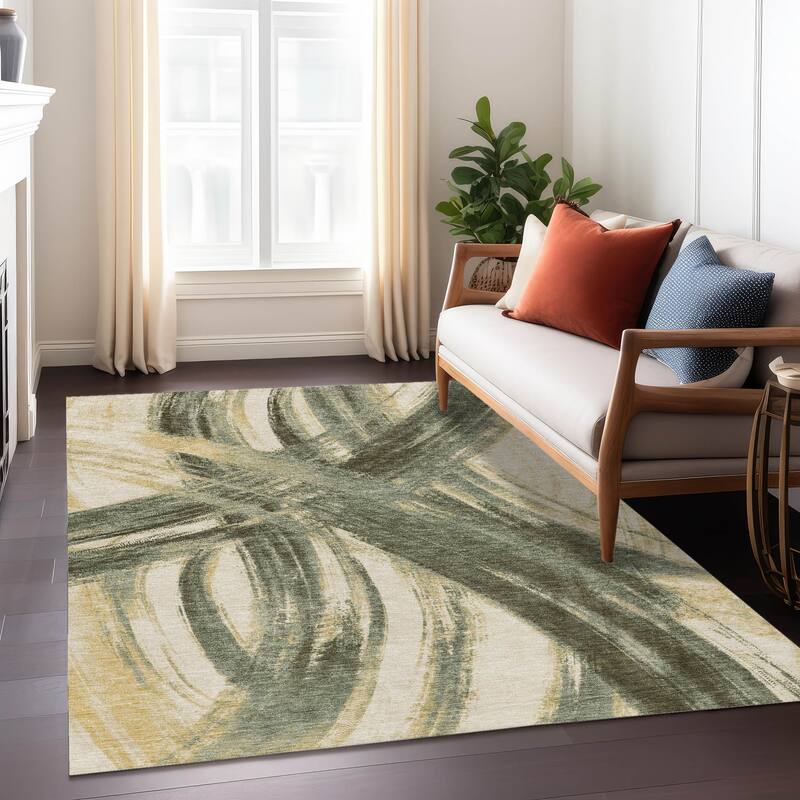 Machine Washable Indoor/ Outdoor Abstract Brushstroke Chantille Rug