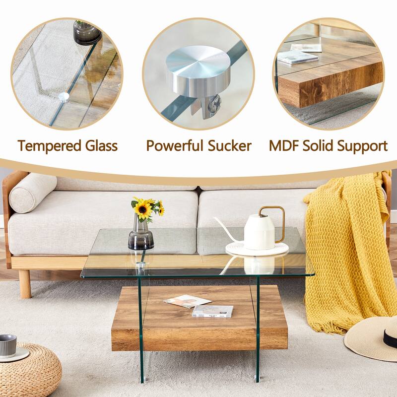 31.4 Inch Modern Two-Tier Square Coffee Table - An Elegant Combination of Clear Glass and Natural Wood Texture Sticker I