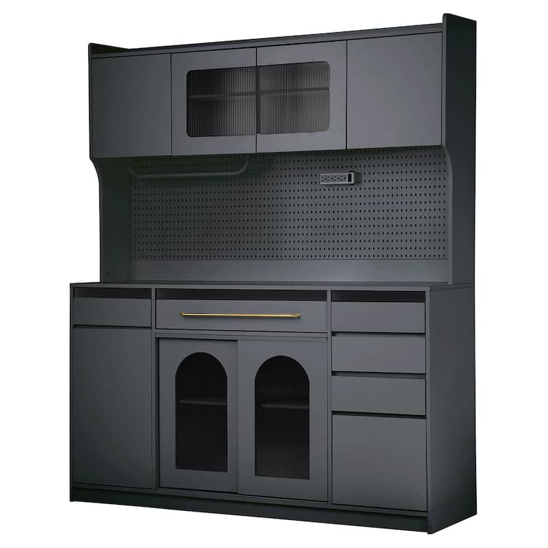 63 Inch Kitchen Coffee Bar Cabinet with Hutch, Freestanding Buffet with Power Outlet, Drawers & Towel Rack