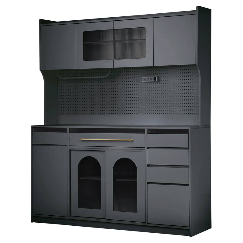 Roomfitters Freestanding 63" Buffet with Hutch and Power Outlet, Coffee Bar Storage Cabinet