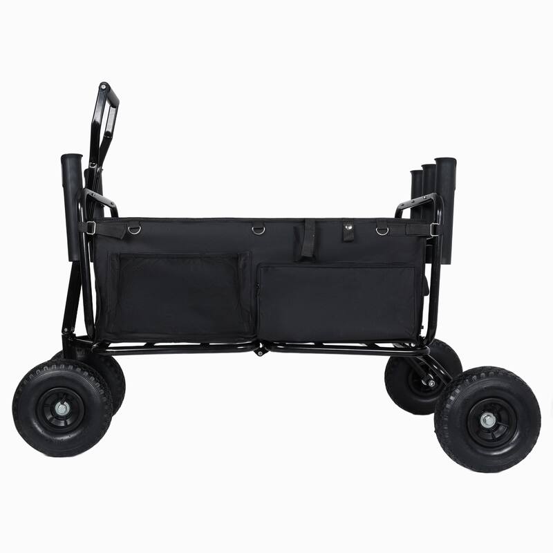 Fishing Cart Beach Cart Collapsible Wagon w/11'' All-Terrain Wheels for Sand, Heavy Duty Garden Cart with Rod Holders
