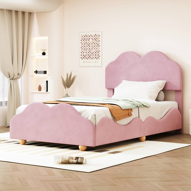 Twin Upholstered Platform Bed with Cloud-Shaped Headboard and Playful Design, Sturdy Frame for Kids