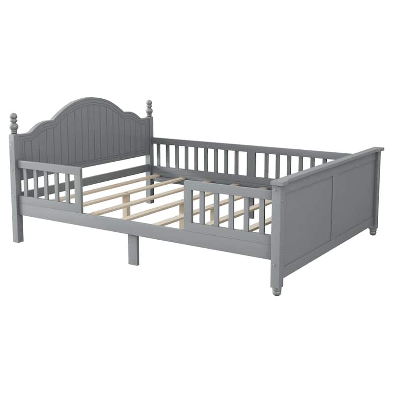 Kids Wooden Platform Bed with Headboard and Footboard, Low Profile Bed Frame with Removable Guardrail Design