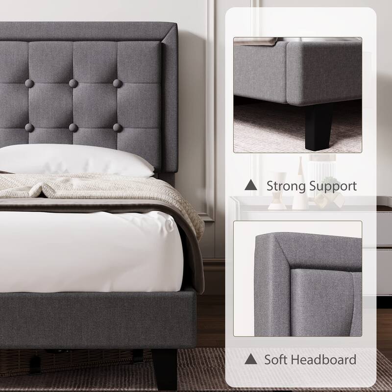 Modern Upholstered Platform Bed with Button Tufted Headboard
