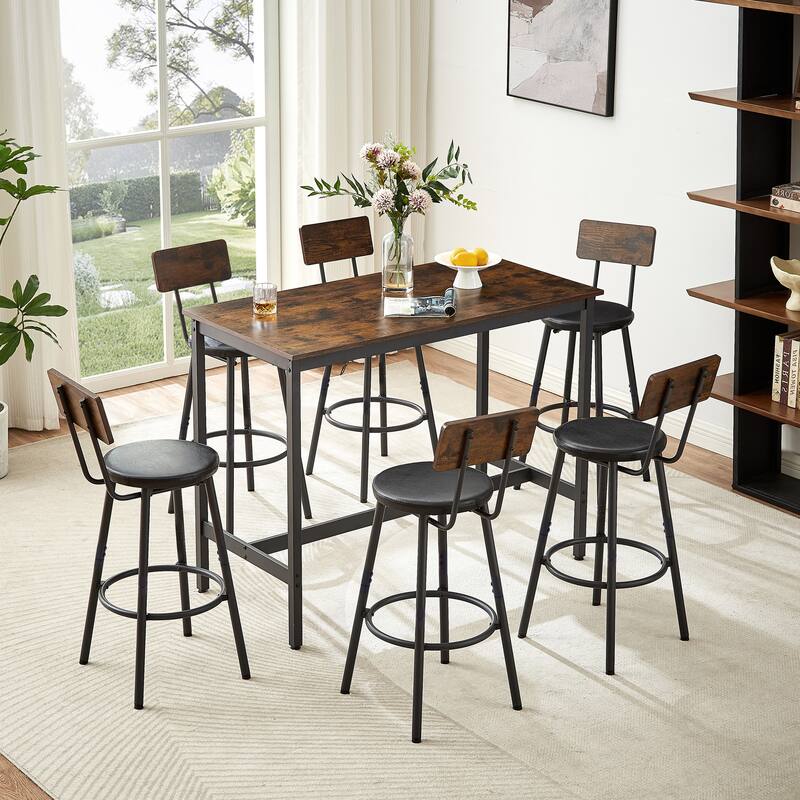 Rustic 7-Piece Dining Set with Rectangular Table & PU Leather Bar Chairs