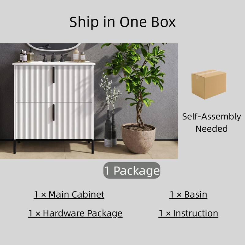 30" Bathroom Vanity with Ceramic Sink, Full-Extension Drawers, Soft-Close Undermount Slides and Fluted Design